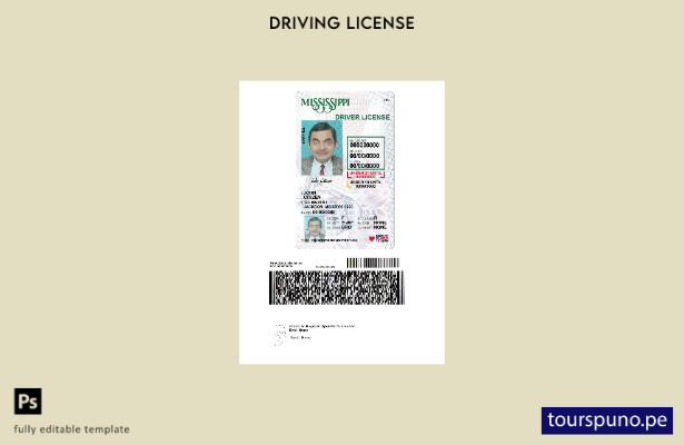 listo para imprimir el permiso de conducir de Mississippi de EE. UU. bajo planti